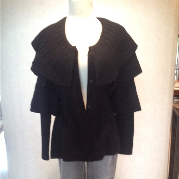 EllieTahari Tiered Collar Black Wool Belt Cardigan - Picture 3 of 4